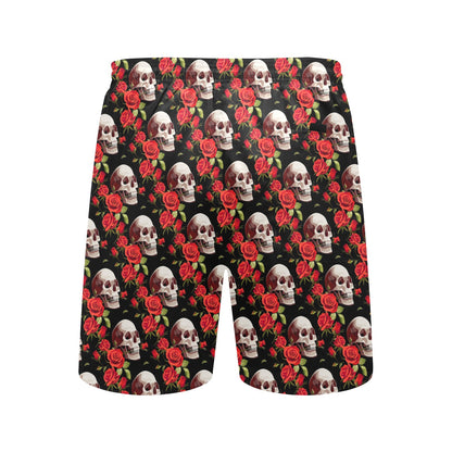 Red Rose Skull Design Print Men's Swim Trunks Beach Shorts