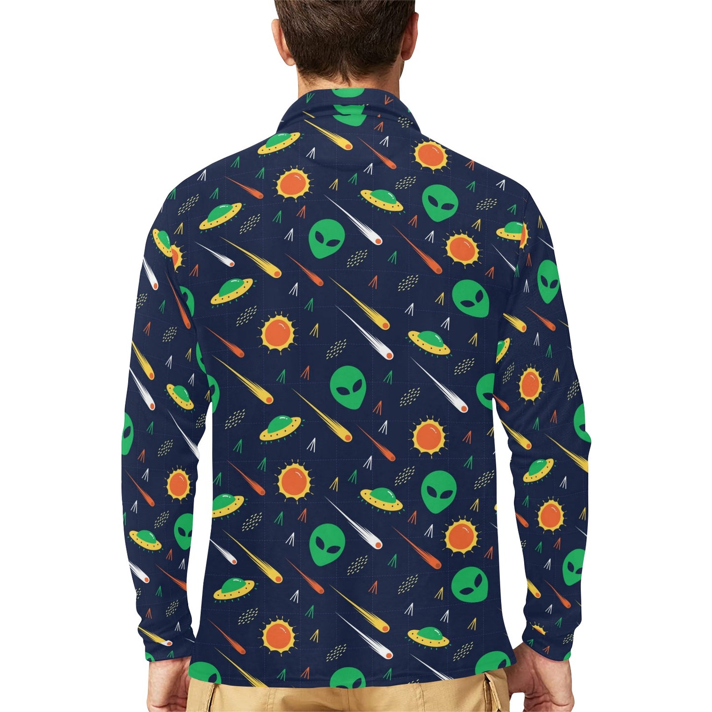 Alien UFO Pattern Print Design 05 Long Sleeve Polo Shirt For Men's