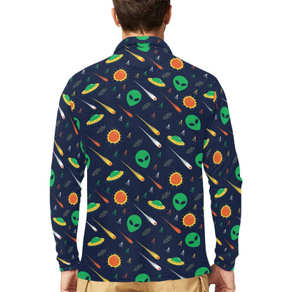 Alien UFO Pattern Print Design 05 Long Sleeve Polo Shirt For Men's