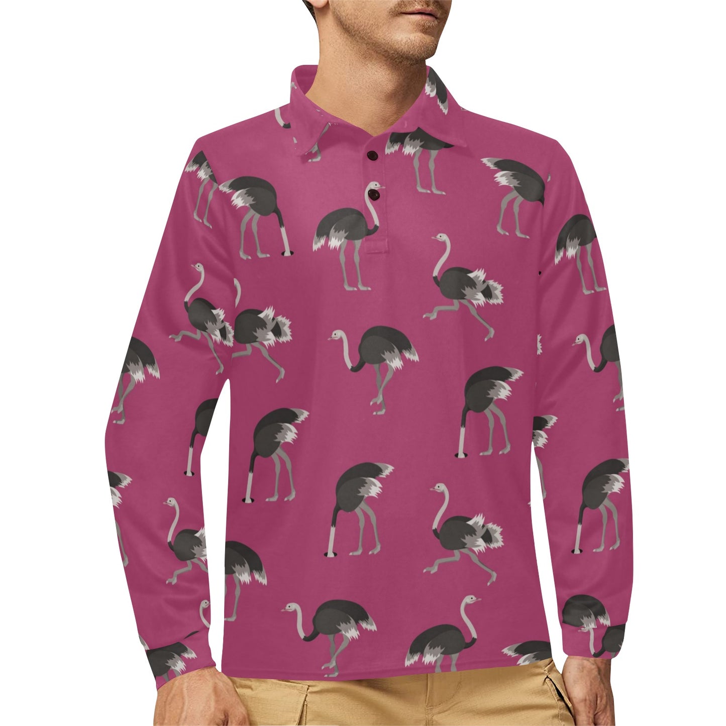 Emu Pattern Print Design 02 Long Sleeve Polo Shirt For Men's