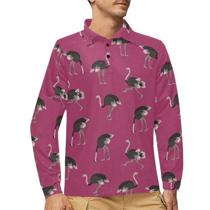 Emu Pattern Print Design 02 Long Sleeve Polo Shirt For Men's