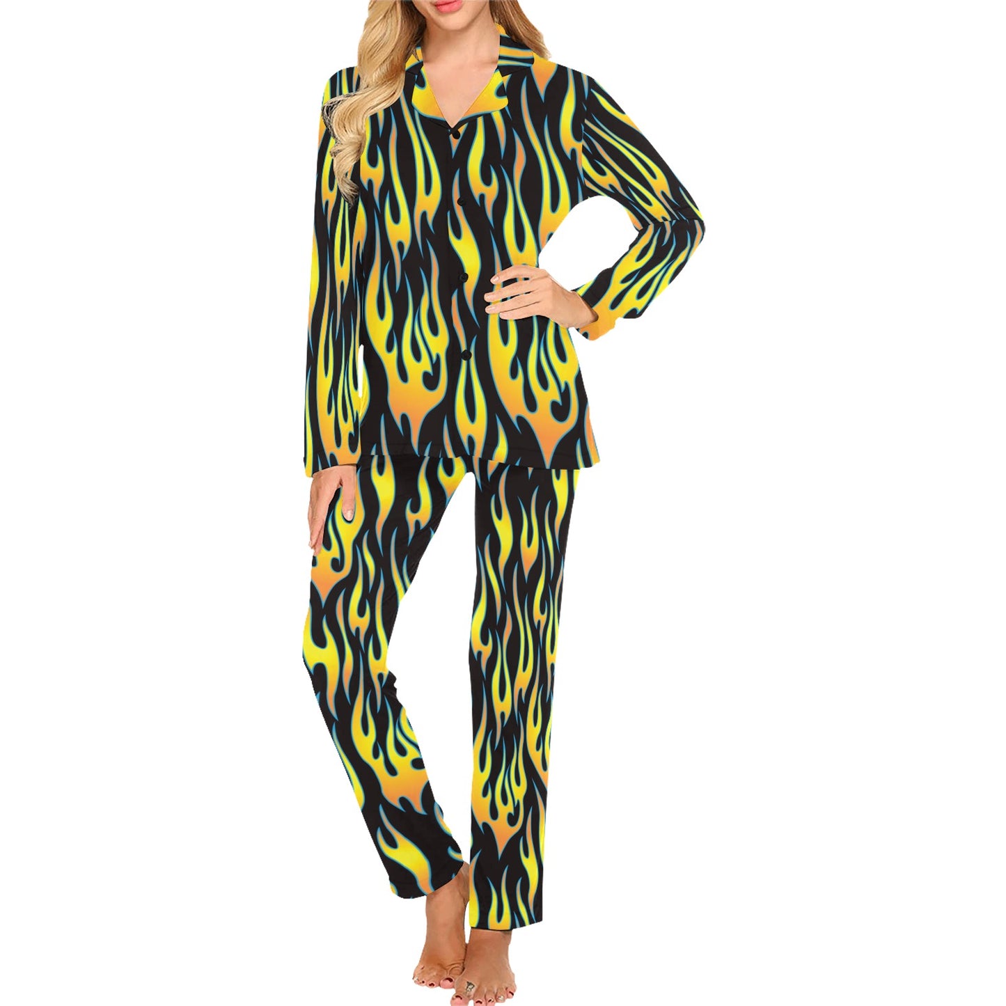 Flame Fire Yellow Pattern Women's Long Pajama Set