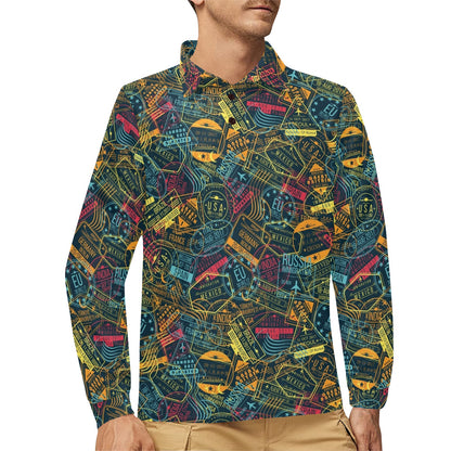 Travel Stamp Colorful Print Design LKS304 Long Sleeve Polo Shirt For Men's