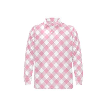 Gingham Pink Pattern Print Design 02 Long Sleeve Polo Shirt For Men's