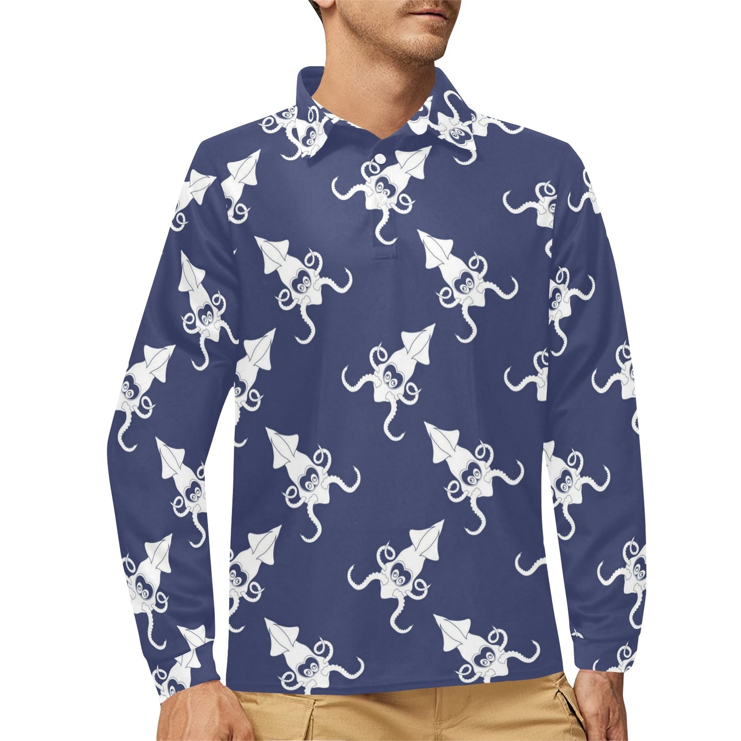 Giant Squid Pattern Print Design 02 Long Sleeve Polo Shirt For Men's