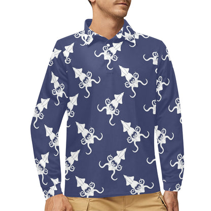 Giant Squid Pattern Print Design 02 Long Sleeve Polo Shirt For Men's