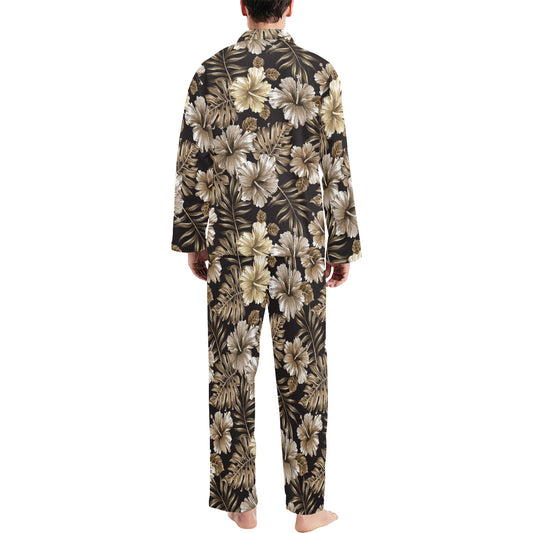 Brown Hibiscus Tropical Men's Long Pajama Set