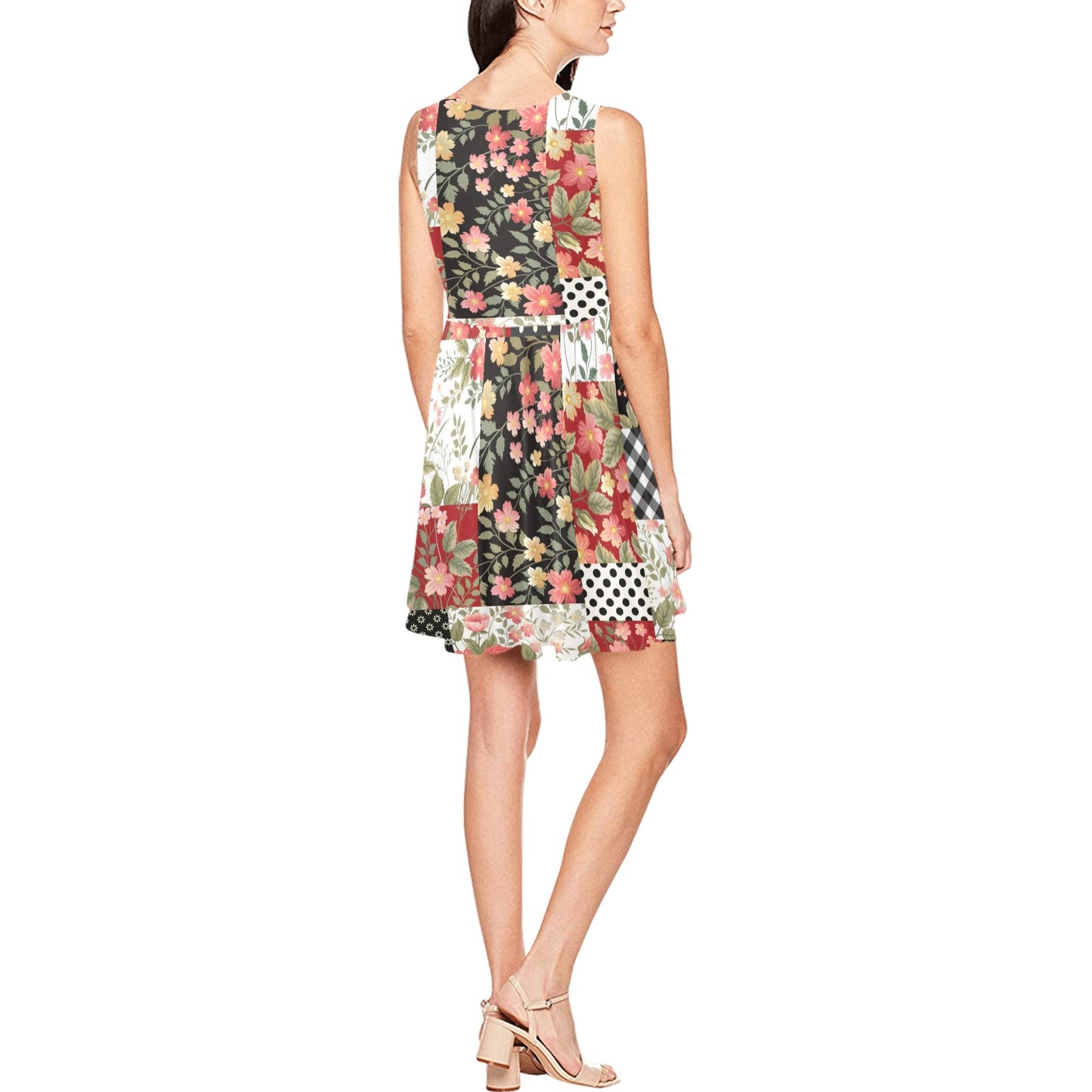 Patchwork Flower Pattern Print Design 03 Sleeveless Dress