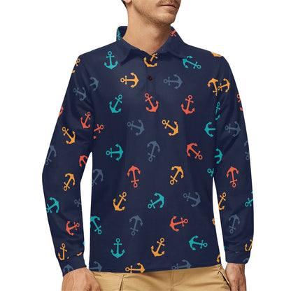 Anchor Pattern Print Design 05 Long Sleeve Polo Shirt For Men's