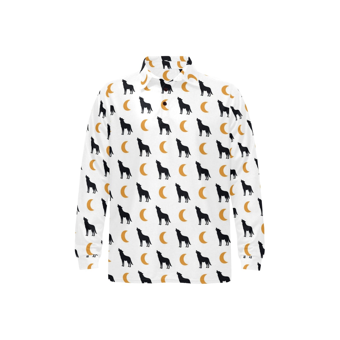 Wolf Moon Print Design LKS302 Long Sleeve Polo Shirt For Men's