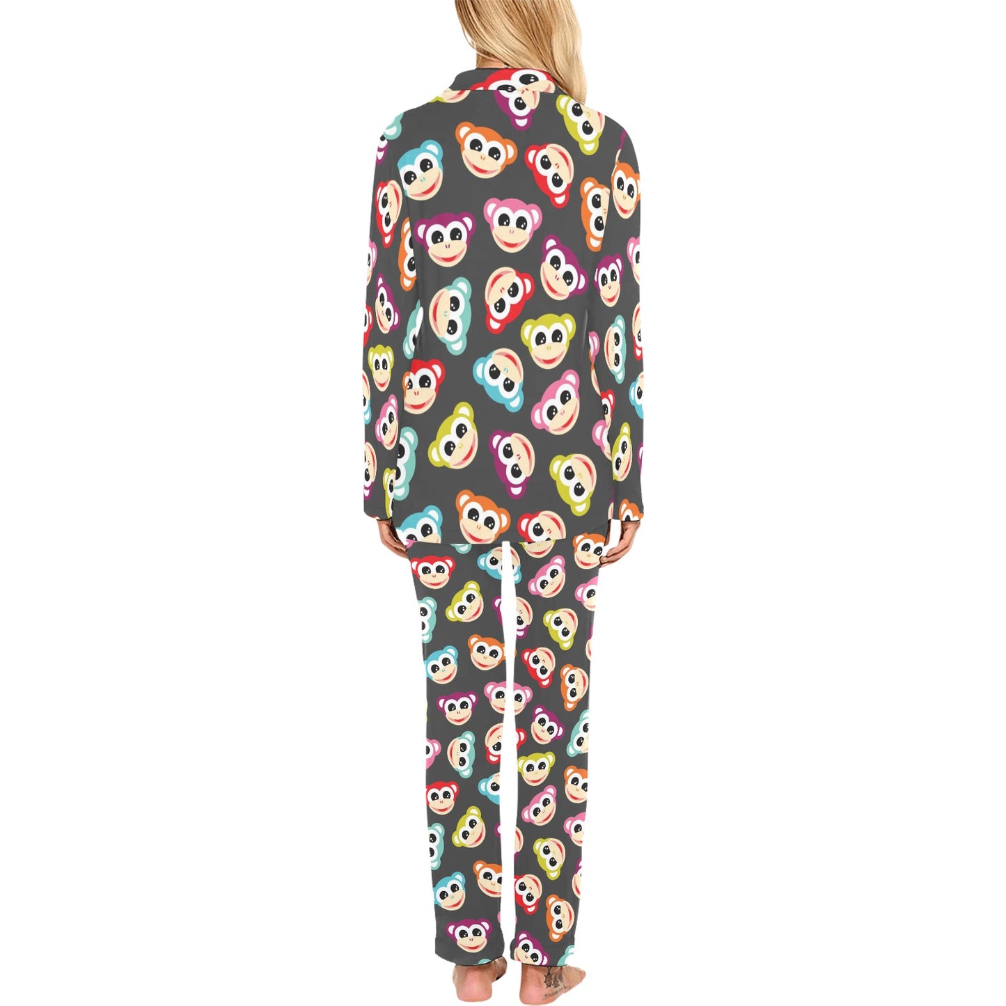 Monkey Head Design Themed Print Women's Long Pajama Set