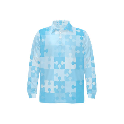 Puzzle Blue Pattern Print Design A04 Long Sleeve Polo Shirt For Men's