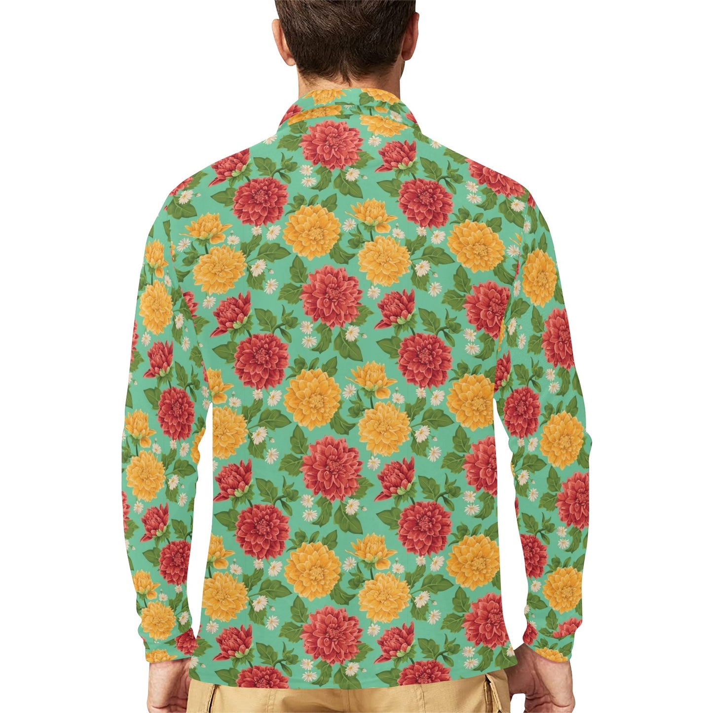 Dahlia Pattern Print Design DH011 Long Sleeve Polo Shirt For Men's