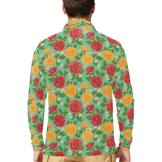 Dahlia Pattern Print Design DH011 Long Sleeve Polo Shirt For Men's