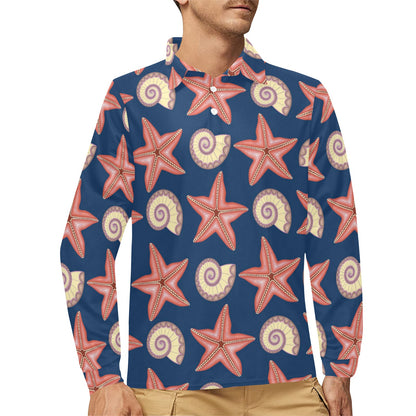 Starfish Pattern Print Design 03 Long Sleeve Polo Shirt For Men's