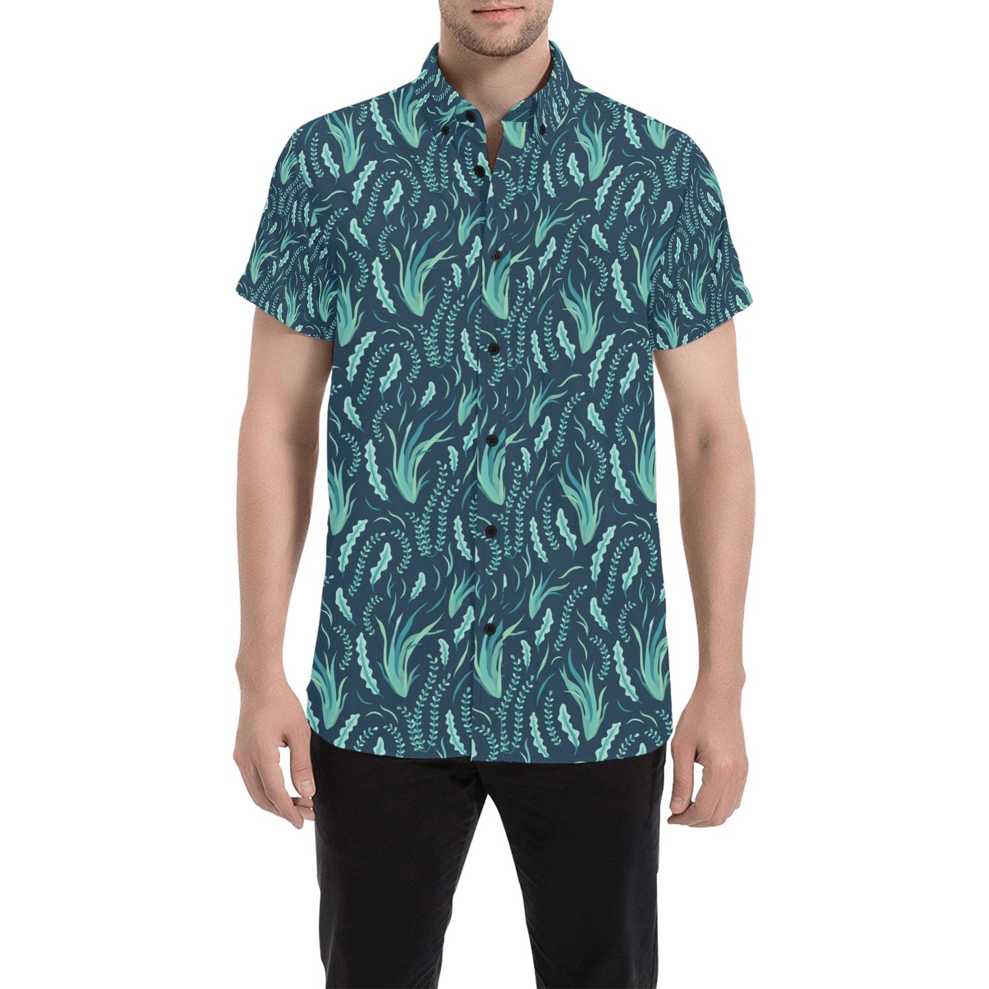 Seaweed Print Design LKS302 Men Short Sleeve Button Up Shirt