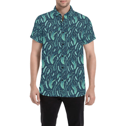 Seaweed Print Design LKS302 Men Short Sleeve Button Up Shirt