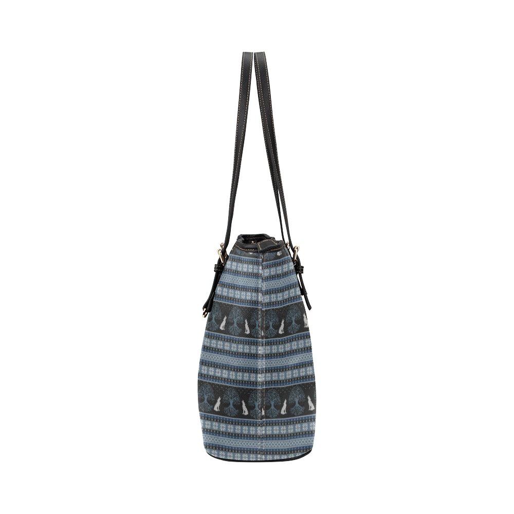 Wolf Tree of Life Knit Design Print Leather Tote Bag