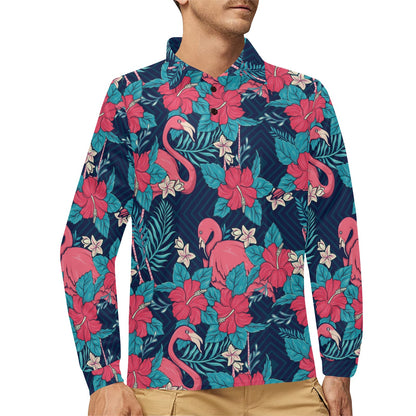 Flamingo Red Hibiscus Pattern Long Sleeve Polo Shirt For Men's