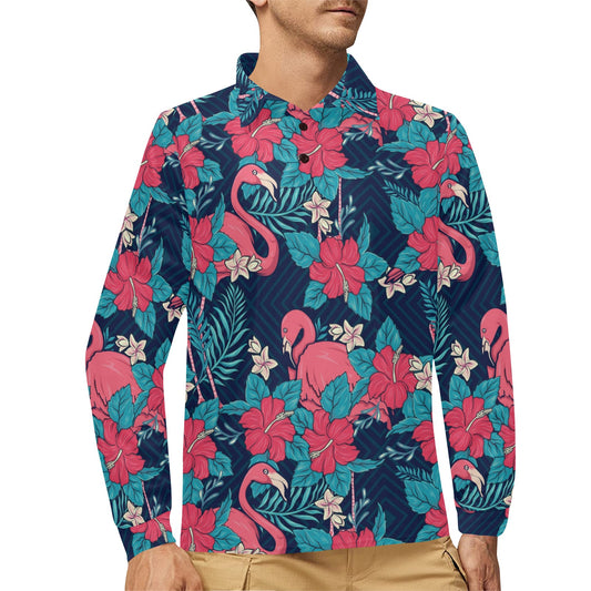 Flamingo Red Hibiscus Pattern Long Sleeve Polo Shirt For Men's