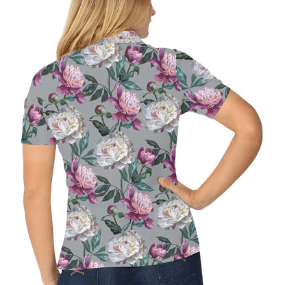 Peony Pattern Print Design PE01 Women's Polo Shirt