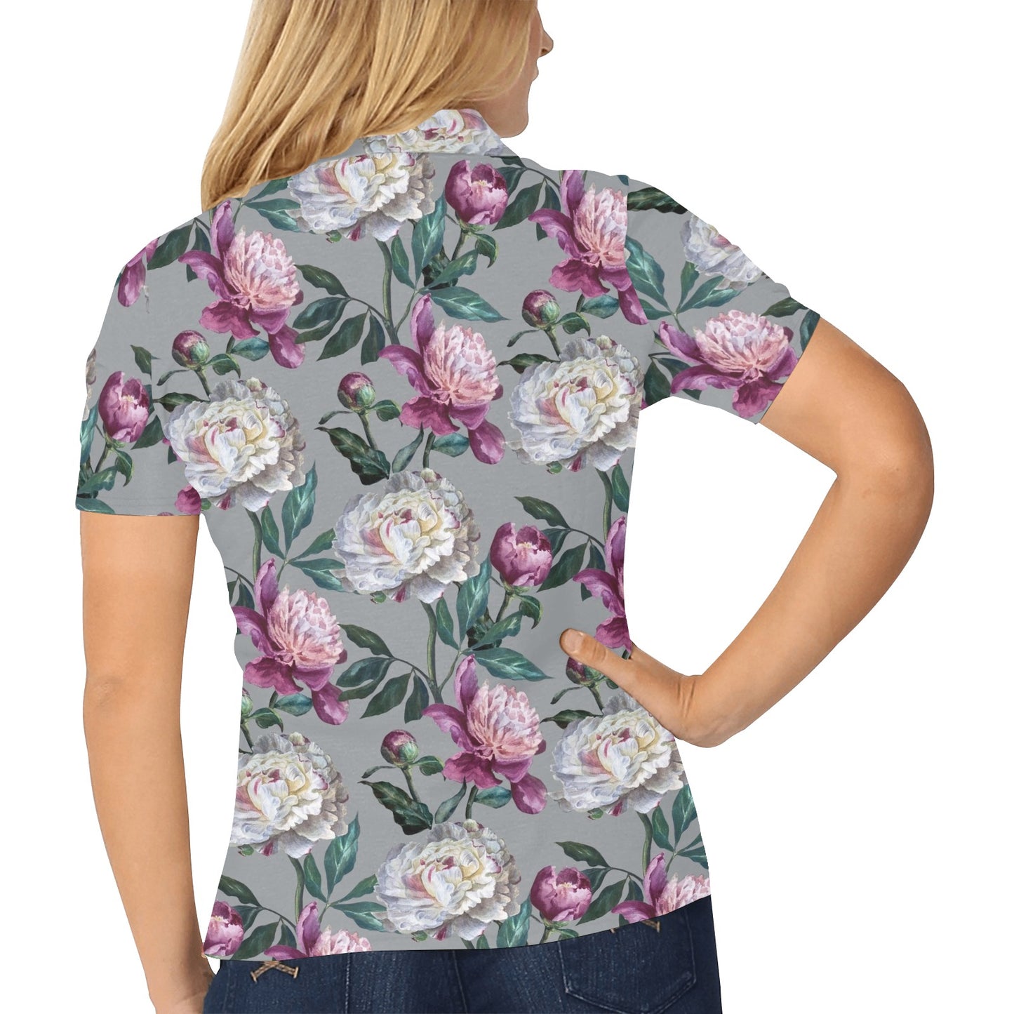 Peony Pattern Print Design PE01 Women's Polo Shirt