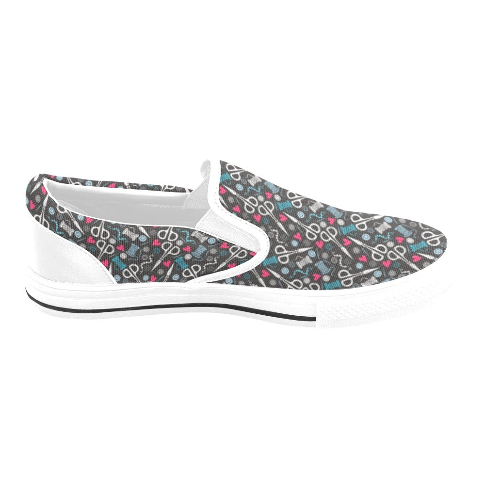 Sewing Equipment Print Design LKS305 White Slip Ons Canvas Women's Shoes