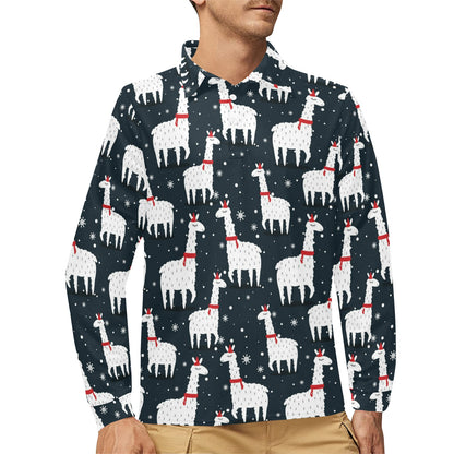 Alpaca Pattern Print Design 04 Long Sleeve Polo Shirt For Men's
