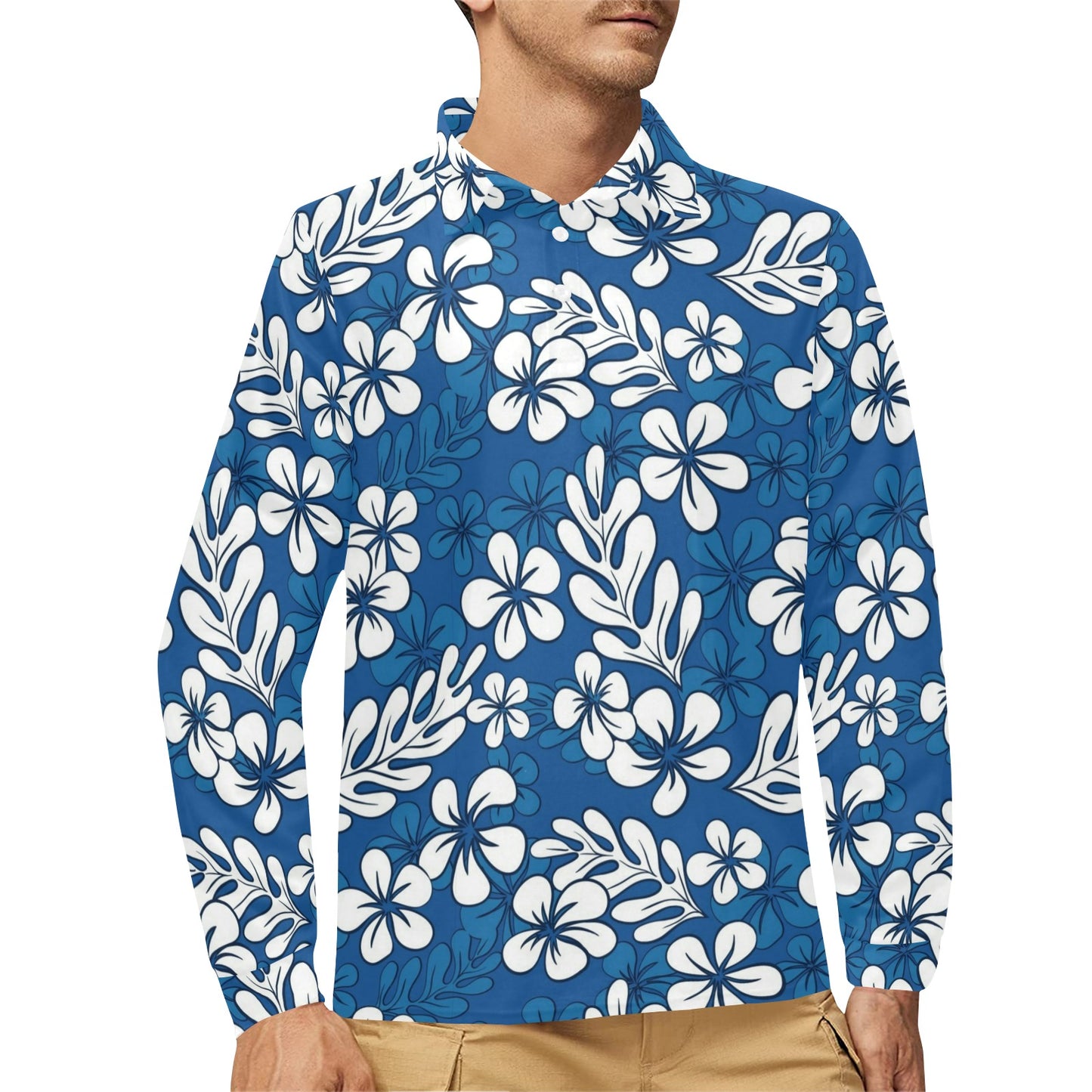 Plumeria Pattern Print Design PM015 Long Sleeve Polo Shirt For Men's
