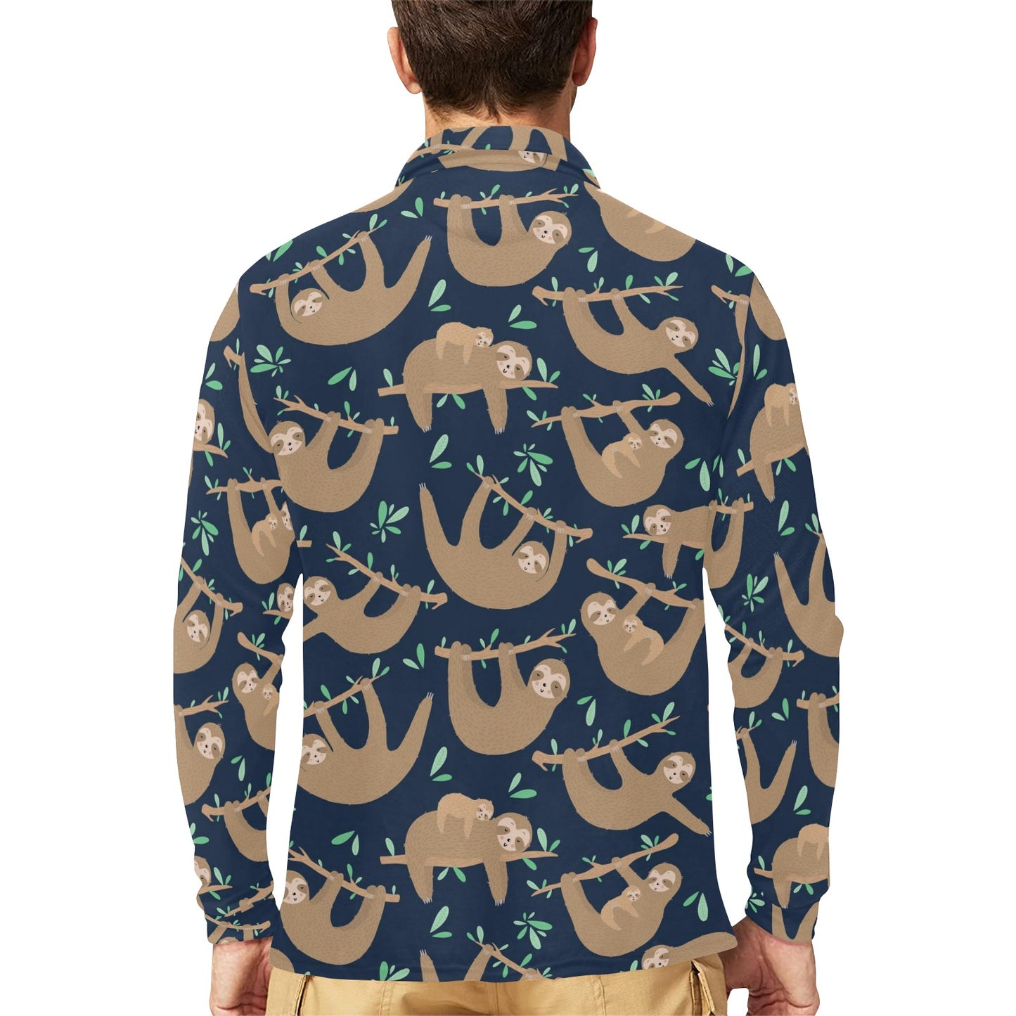 Sloth Print Design LKS307 Long Sleeve Polo Shirt For Men's