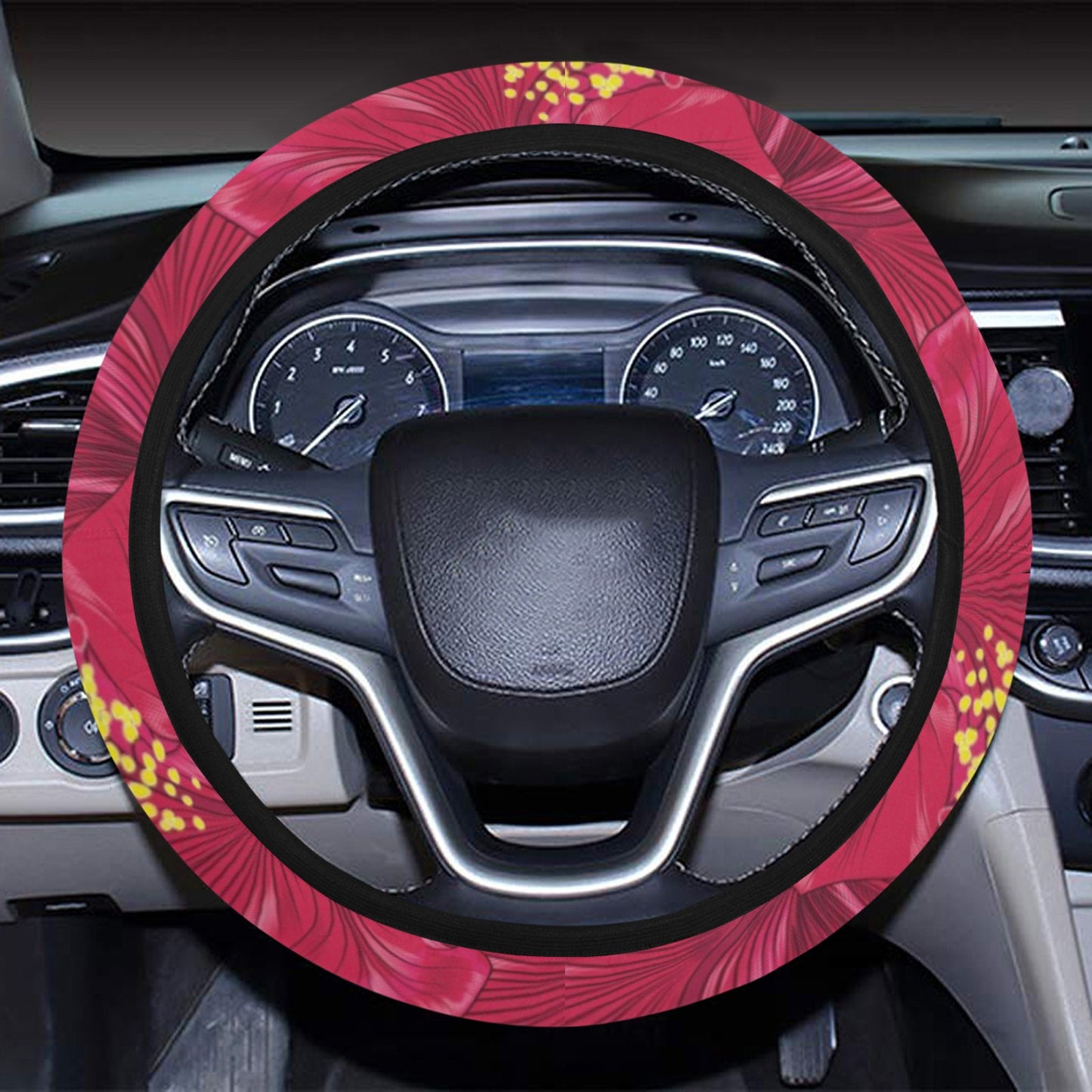 Hibiscus Red Pattern Print LKS308 Steering Wheel Cover with Elastic Edge