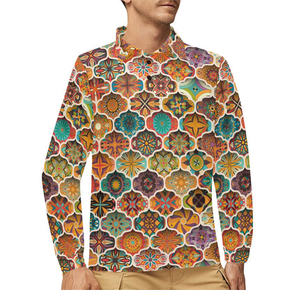 Mandala Mosaic Themed Design Print Long Sleeve Polo Shirt For Men's