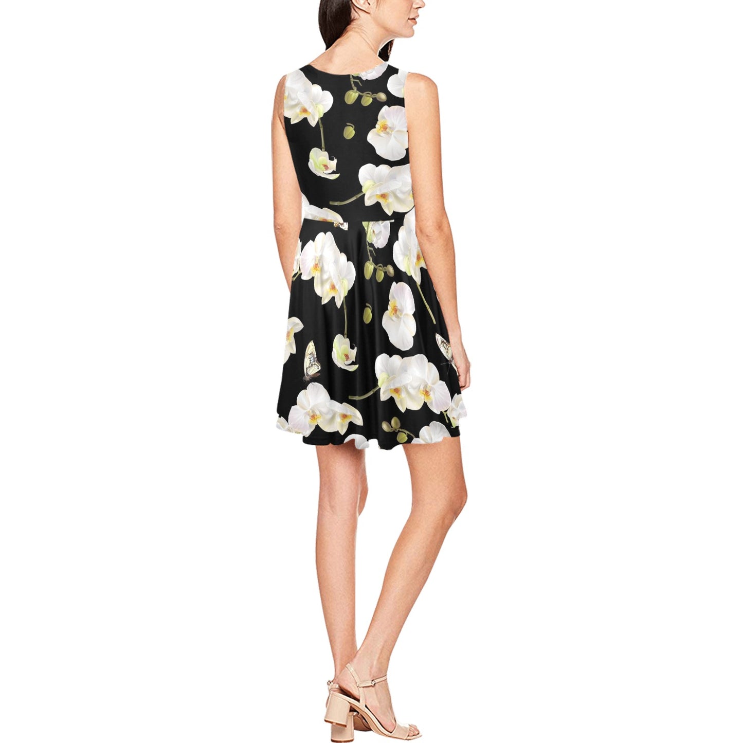 Orchid White Pattern Print Design OR011 Sleeveless Dress