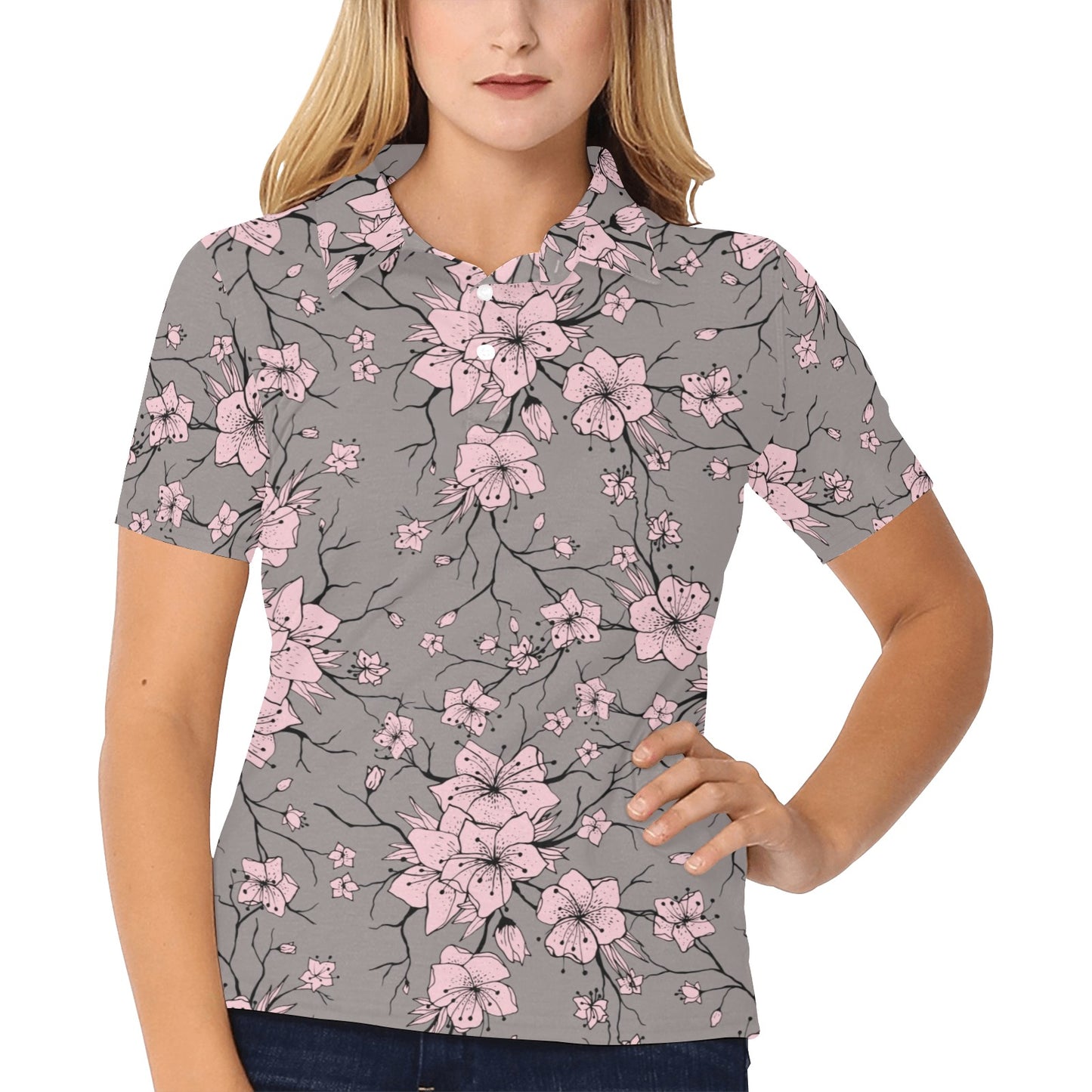 Cherry Blossom Pattern Print Design CB05 Women's Polo Shirt