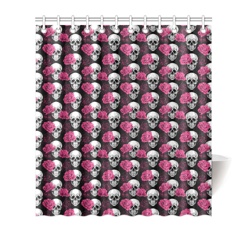 Pink Rose Skull Themed Print Shower Curtain