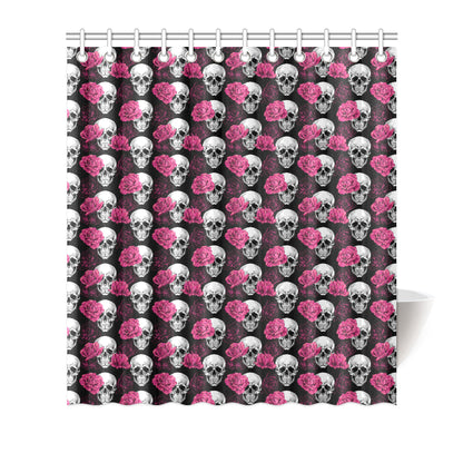Pink Rose Skull Themed Print Shower Curtain