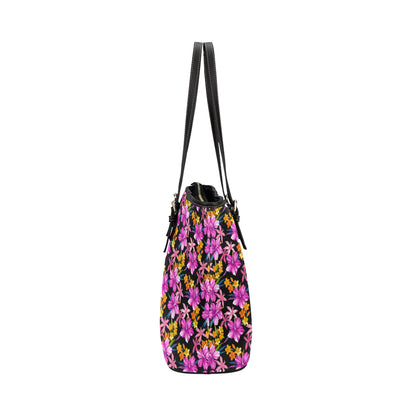 Tropical Folower Pink Hibiscus Print Leather Tote Bag