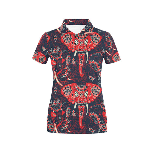 Red Indian Elephant Pattern Women's Polo Shirt