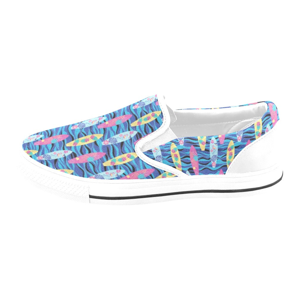 Surfboard Print Design LKS304 White Slip Ons Canvas Women's Shoes