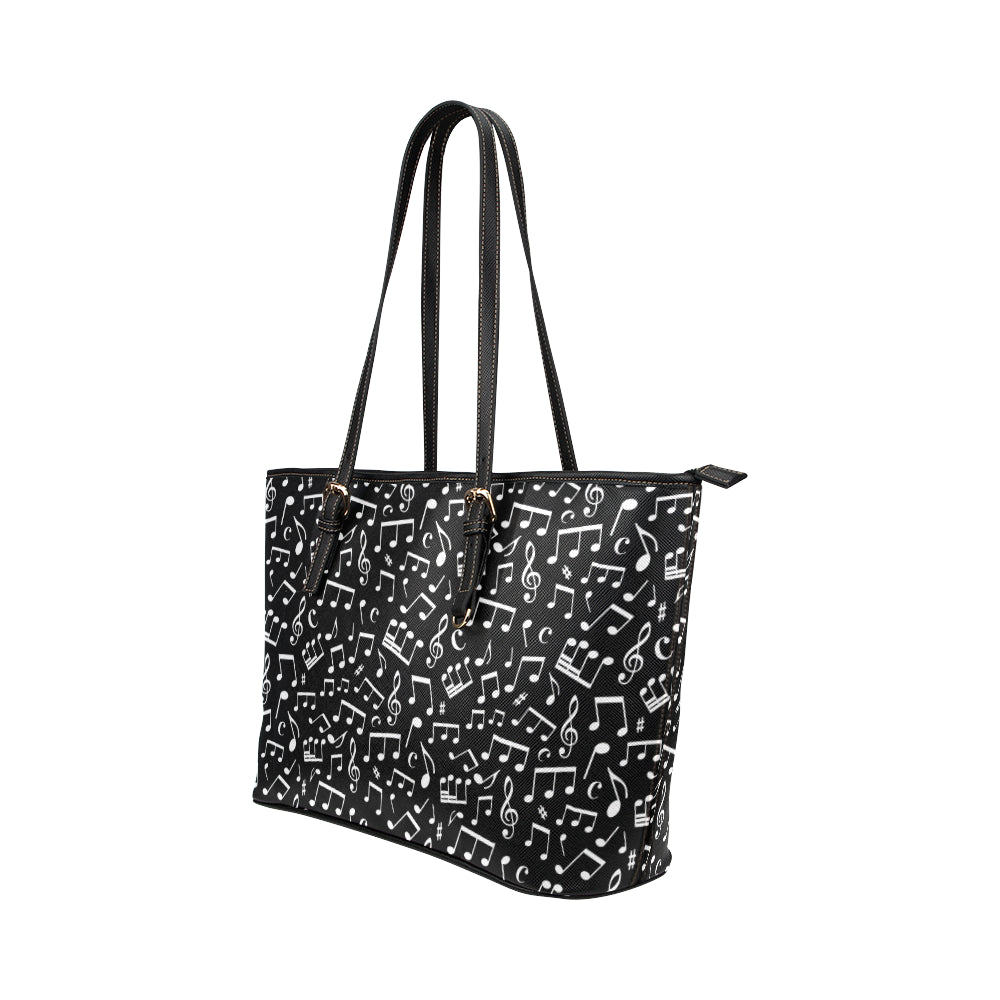 Music Note Black white Themed Print Leather Tote Bag
