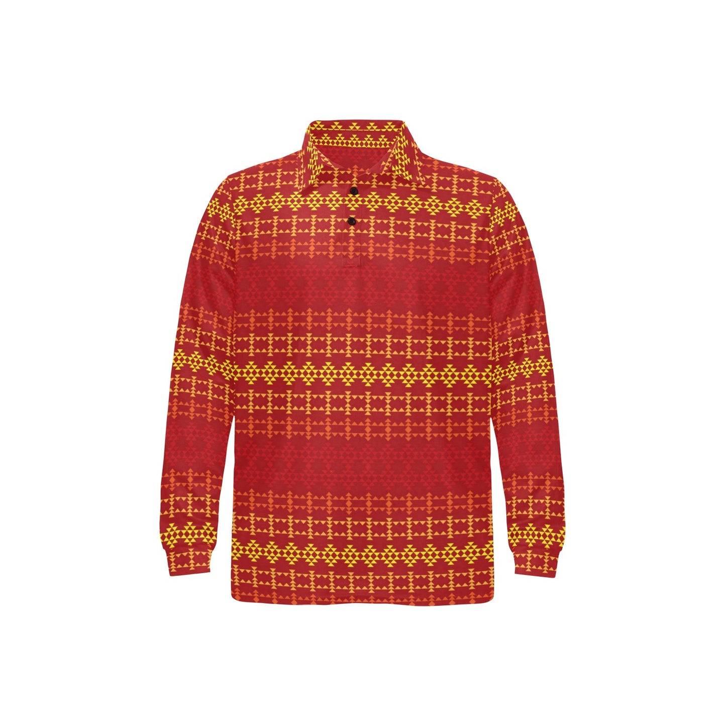 Southwest Red Gold Design Themed Print Long Sleeve Polo Shirt For Men's