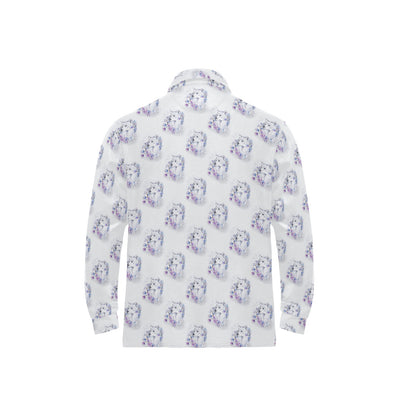 Wolf with Flower Print Design Long Sleeve Polo Shirt For Men's