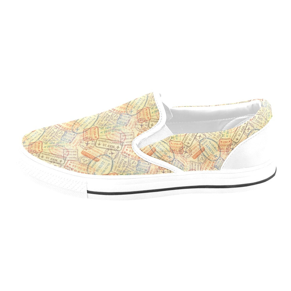 Travel Stamp Print Design LKS302 White Slip Ons Canvas Women's Shoes