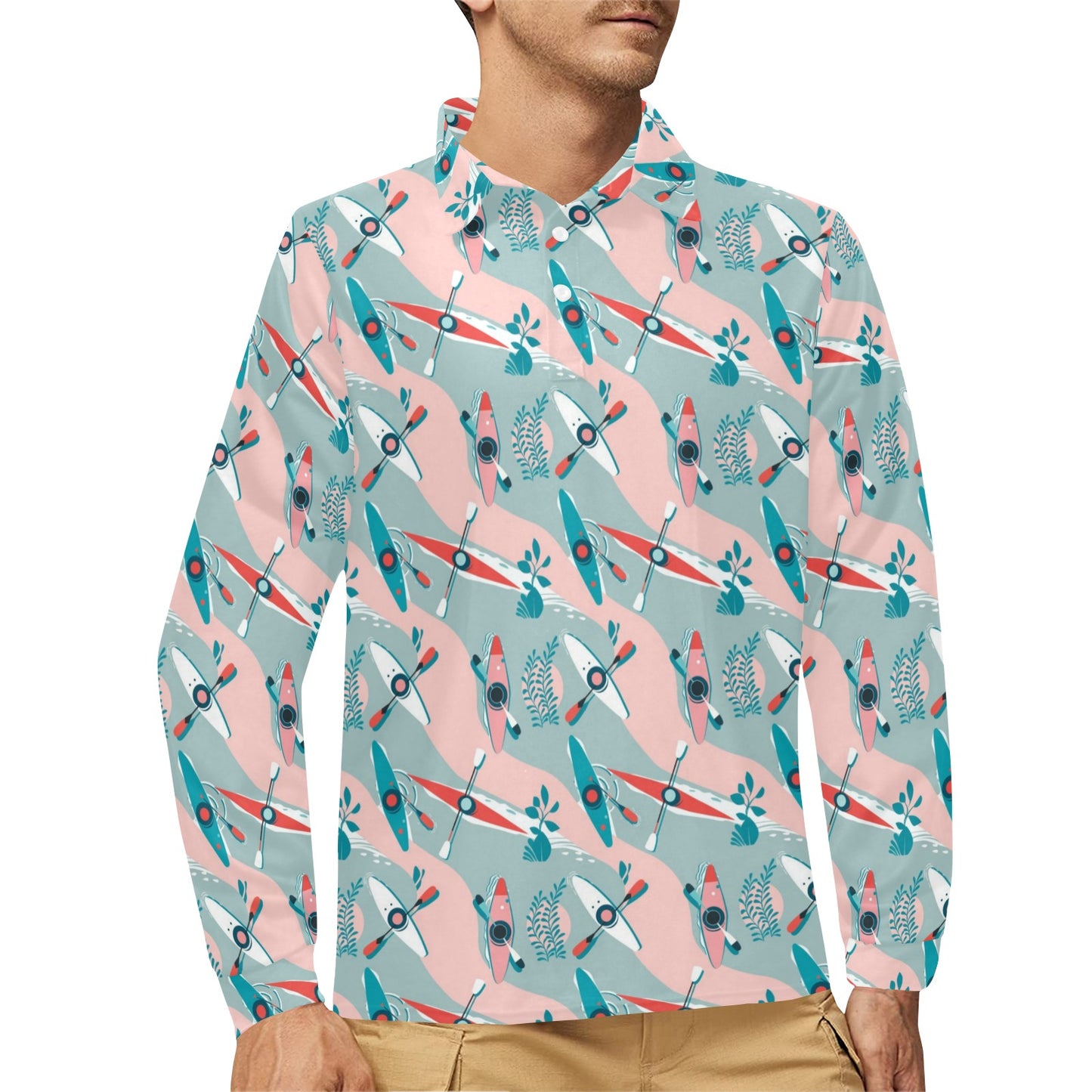 Kayak Pattern Print Design 05 Long Sleeve Polo Shirt For Men's