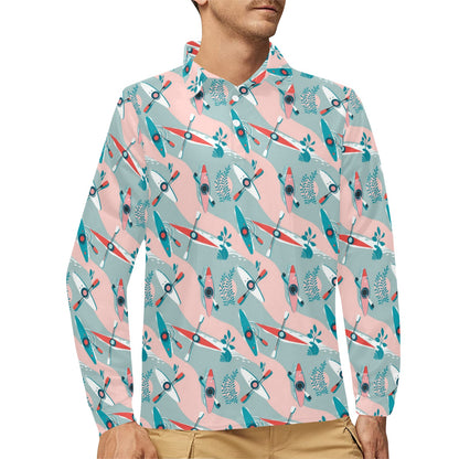 Kayak Pattern Print Design 05 Long Sleeve Polo Shirt For Men's