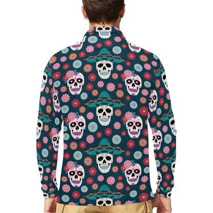 Sugar Skull Print Design LKS308 Long Sleeve Polo Shirt For Men's