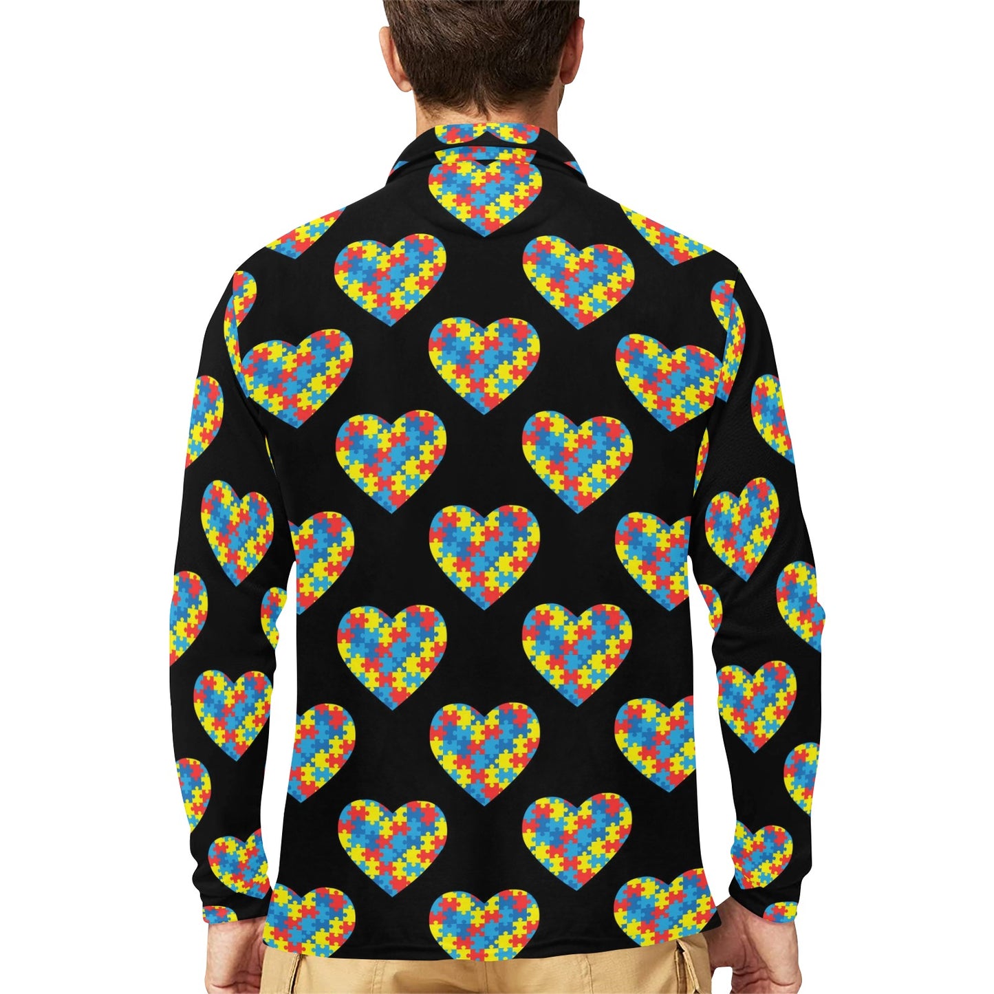 Autism Awareness Heart Design Print Long Sleeve Polo Shirt For Men's