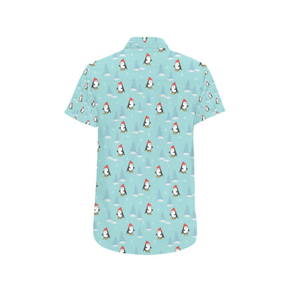 Ski Penguin Print Design LKS304 Men Short Sleeve Button Up Shirt