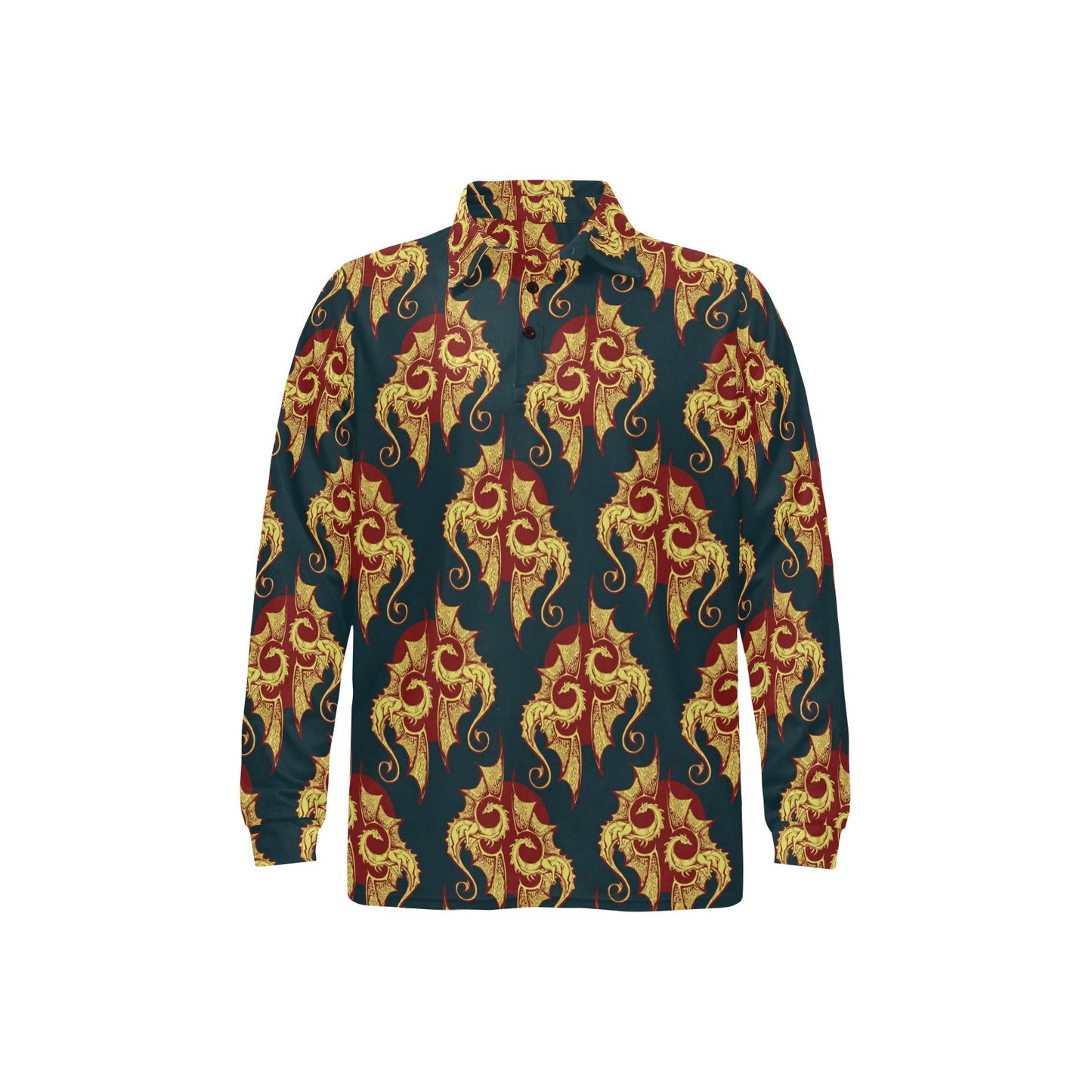 Dragons Gold Design Pattern Long Sleeve Polo Shirt For Men's