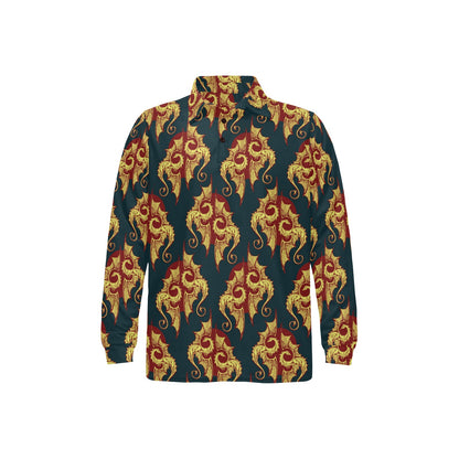 Dragons Gold Design Pattern Long Sleeve Polo Shirt For Men's
